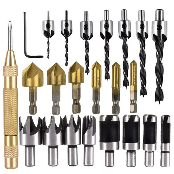 Gravo 8Pcs Wood Plug Cutter,6Pcs 1/4 Inch Hex 5 Flute 90 Degree Countersink Drill Bits,7Pcs Three Pointed Countersink Drill Bit With L-Wrench And Automatic Center Punch 